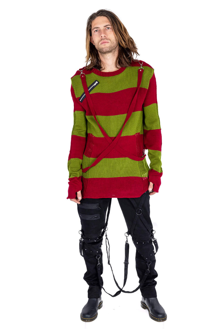 mens red and green striped sweater with accent straps