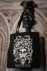 gothic tote bag with medusa graphic