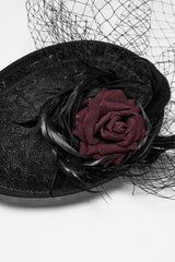 feather and rose veil hat