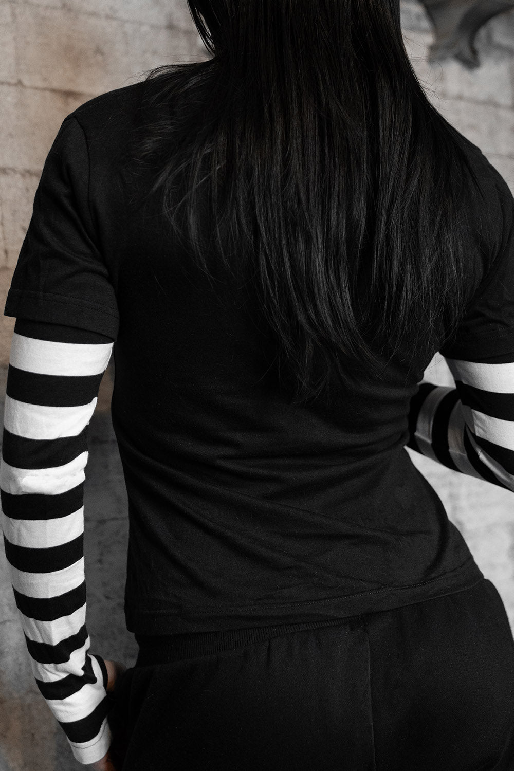 short sleeve layered cotton blended tshirt with attached long striped sleeves and thumbholes