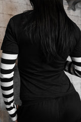 short sleeve layered cotton blended tshirt with attached long striped sleeves and thumbholes