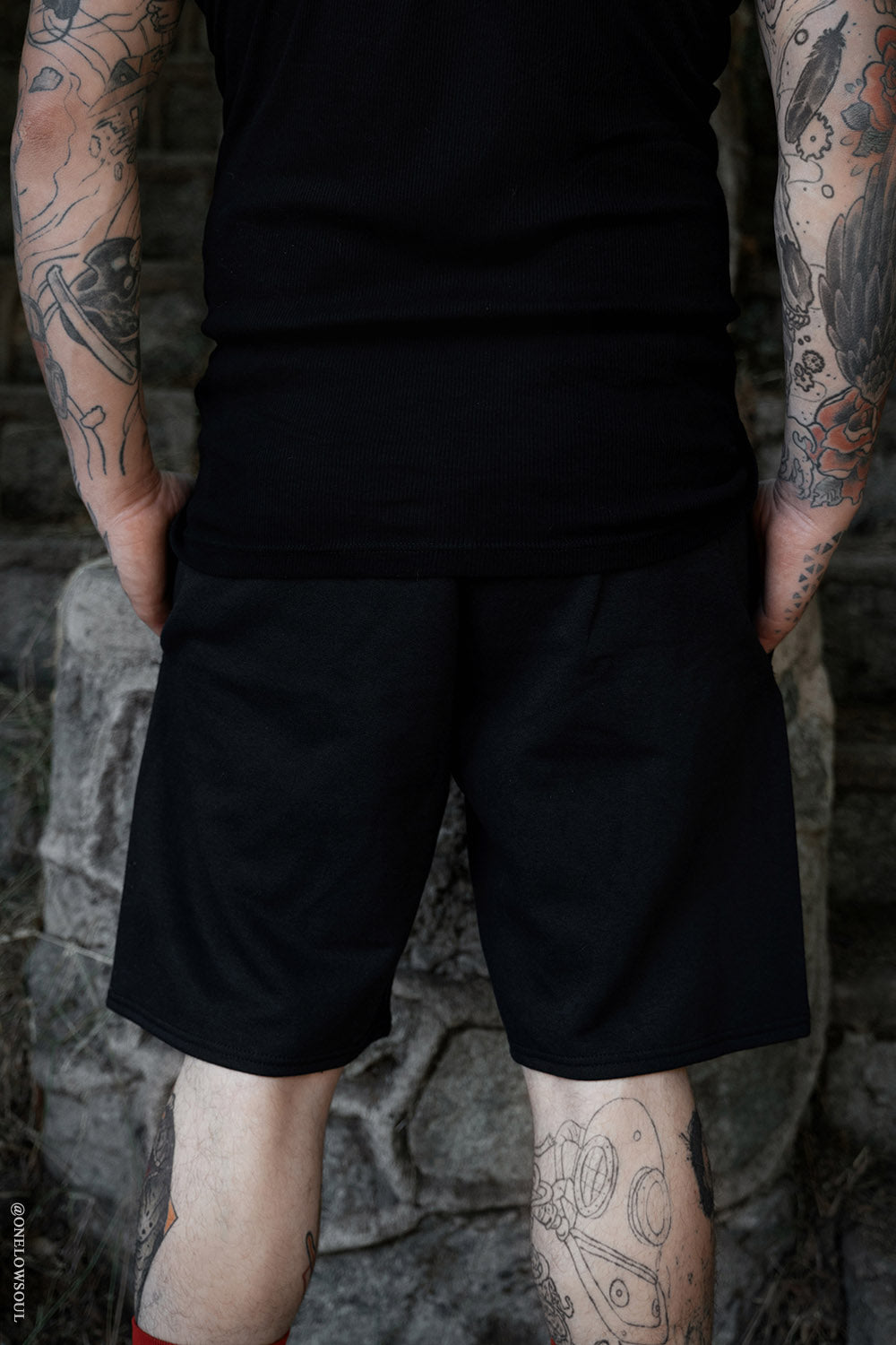 mens long black punk shorts