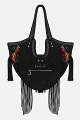 whimsical embroidered fox, moon, and leaf shoulder bag