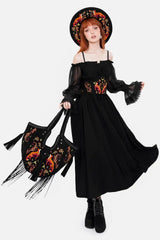 witchy autumnal embroidered fox, moon, and leaf shoulder bag by restyle 
