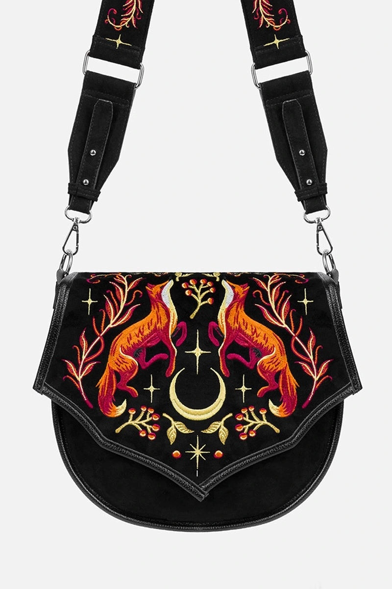 embroidered crescent moon and fox purse