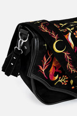 enchanting cottagecore embroidered crescent moon and fox purse with embroidered strap