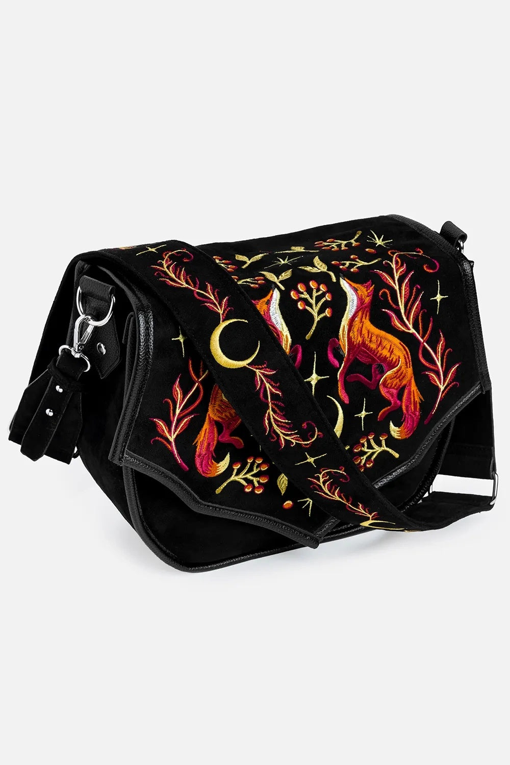 cottagecore embroidered crescent moon and fox purse with embroidered strap
