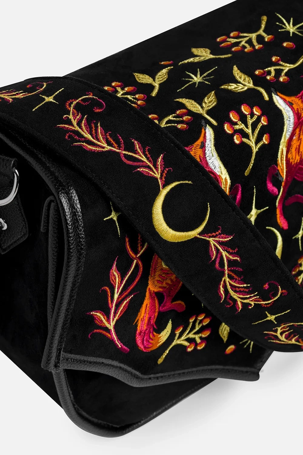 black suede cottagecore embroidered crescent moon and fox purse with embroidered strap