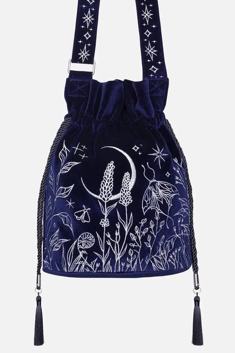 dark blue velvet embroidered moon and moth shoulder bag
