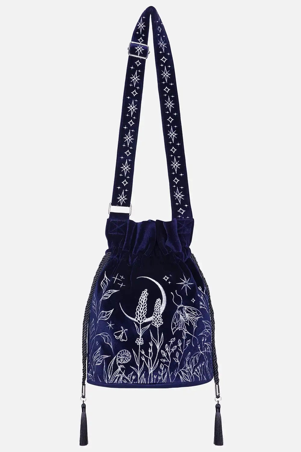dark blue velvet embroidered moon and moth shoulder bag with drawstring close
