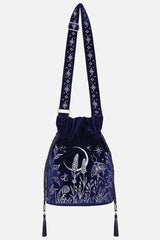 dark blue velvet embroidered moon and moth shoulder bag with drawstring close
