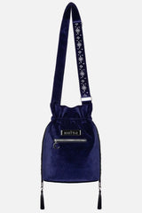 dark blue velvet embroidered moon and moth shoulder bag with embroidered shoulder strap