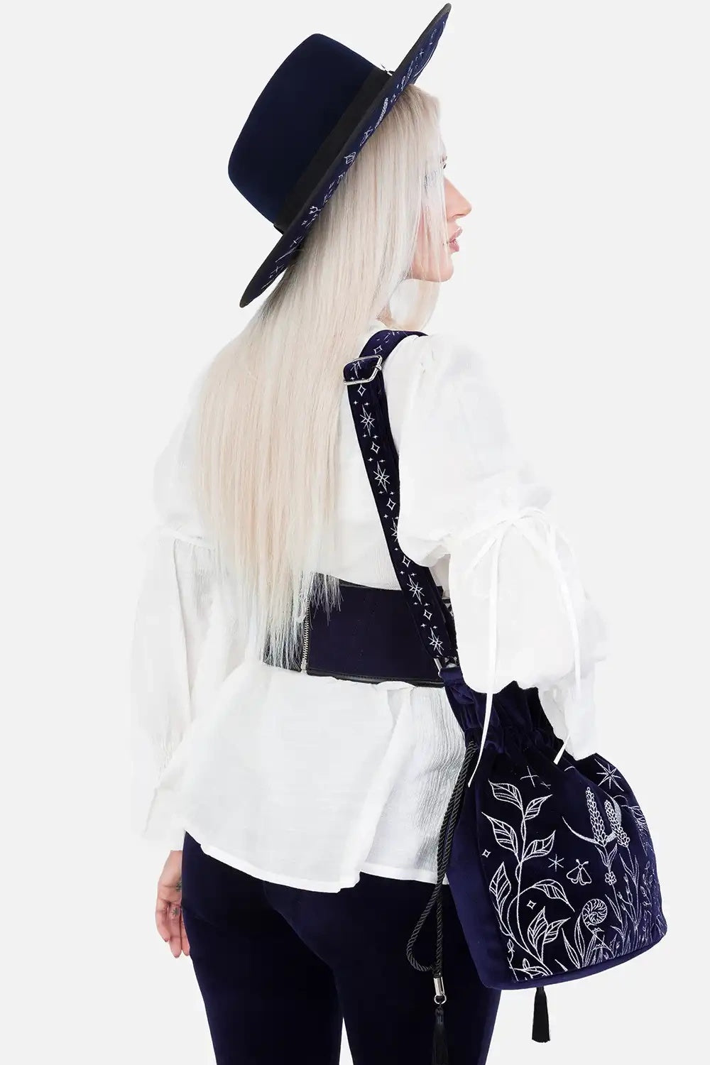 darkly magical enchanting xdark blue velvet embroidered moon and moth shoulder bag with embroidered shoulder strap by restyle 