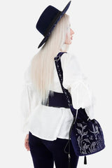 darkly magical enchanting xdark blue velvet embroidered moon and moth shoulder bag with embroidered shoulder strap by restyle 