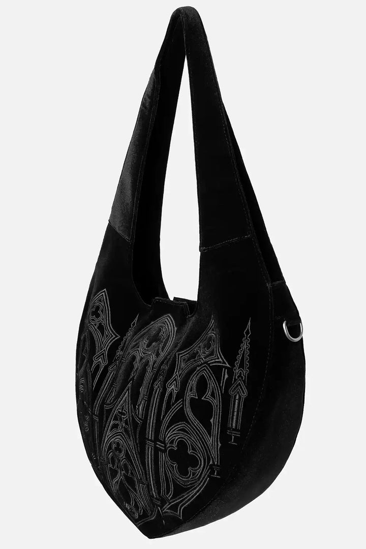 black romantic goth embroidered gothic cathedral shoulder bag with d-ring for keychain attachment 