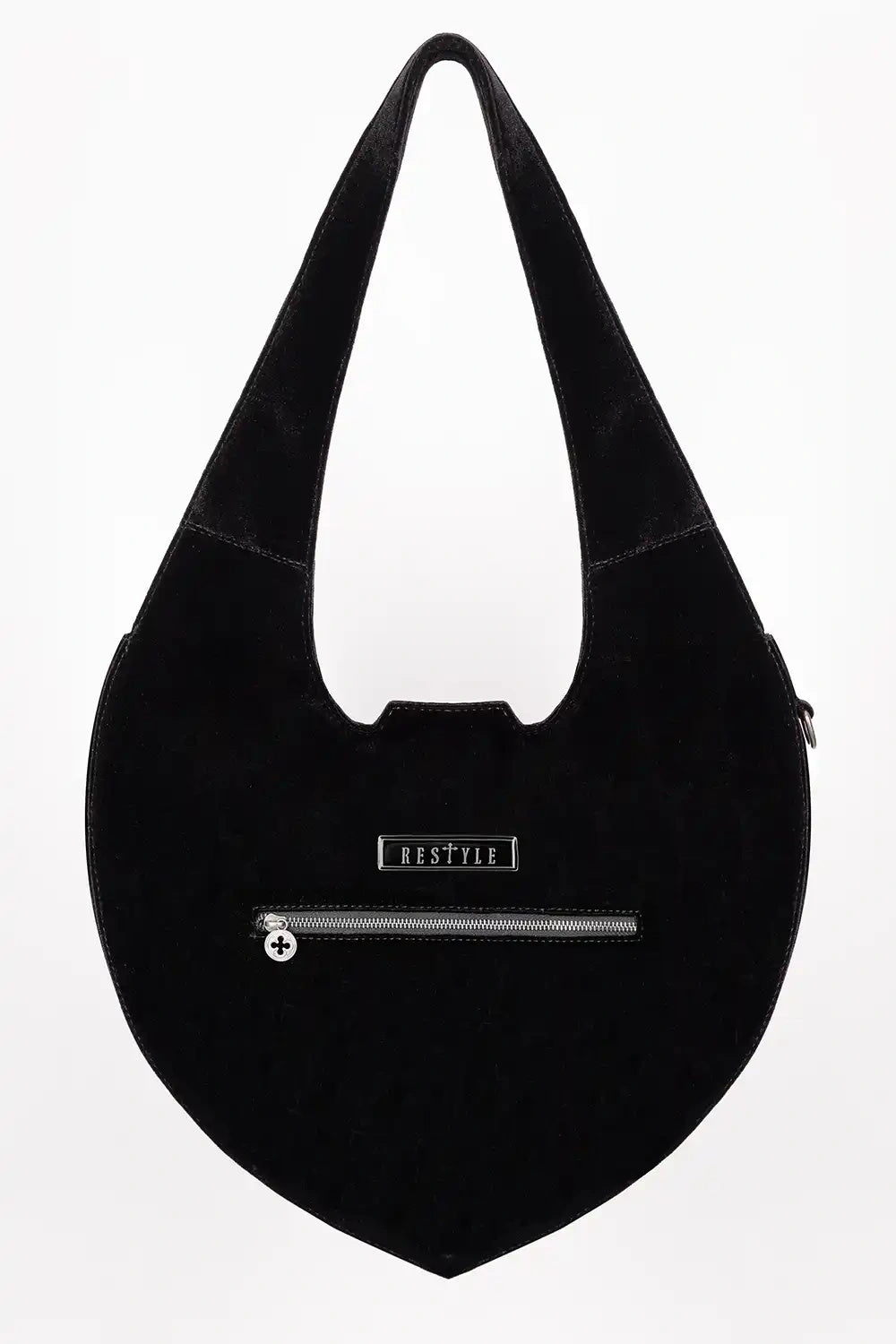 black romantic goth embroidered gothic cathedral shoulder bag with d-ring for keychain attachment  and back zipper pocket
