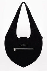 black romantic goth embroidered gothic cathedral shoulder bag with d-ring for keychain attachment  and back zipper pocket