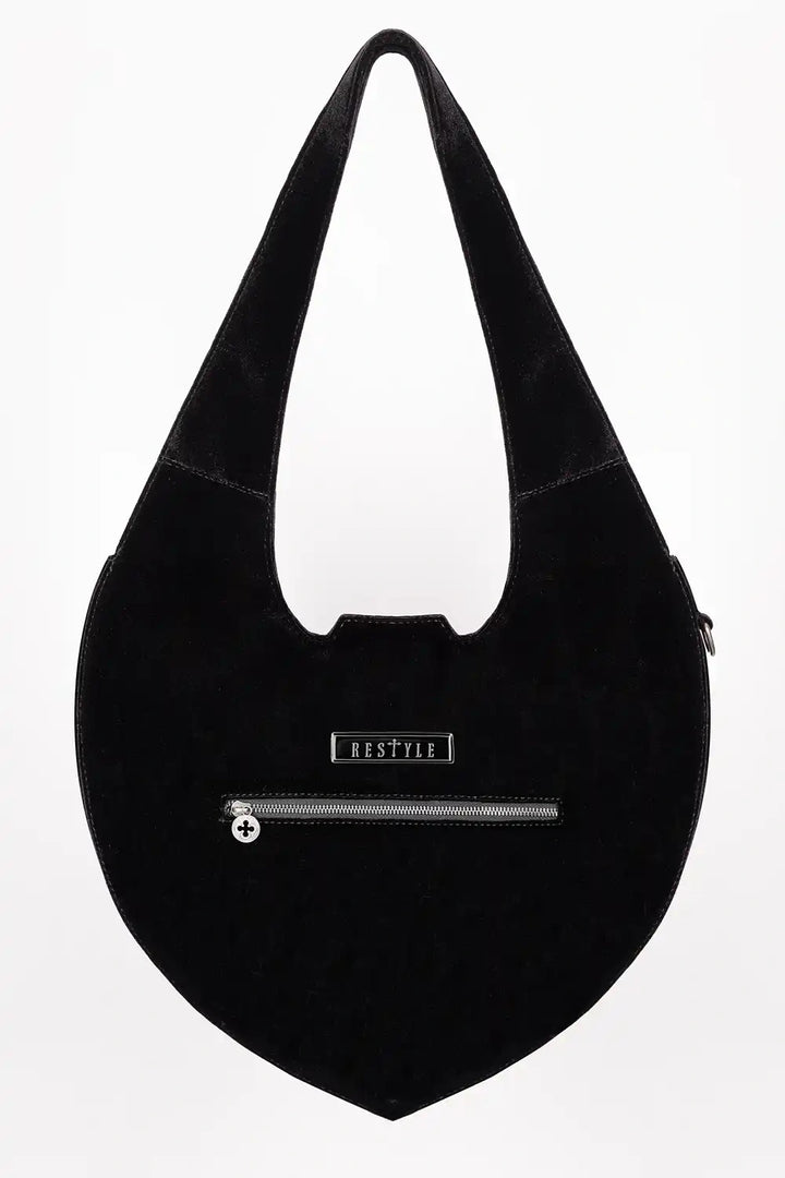 black romantic goth embroidered gothic cathedral shoulder bag with d-ring for keychain attachment  and back zipper pocket