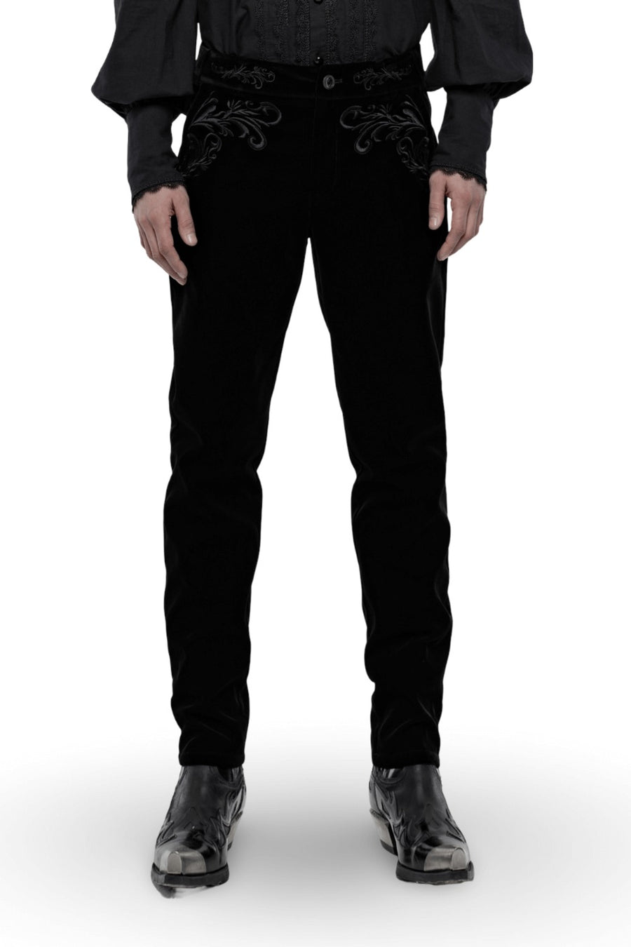 Black pants with intricate designs on a white background