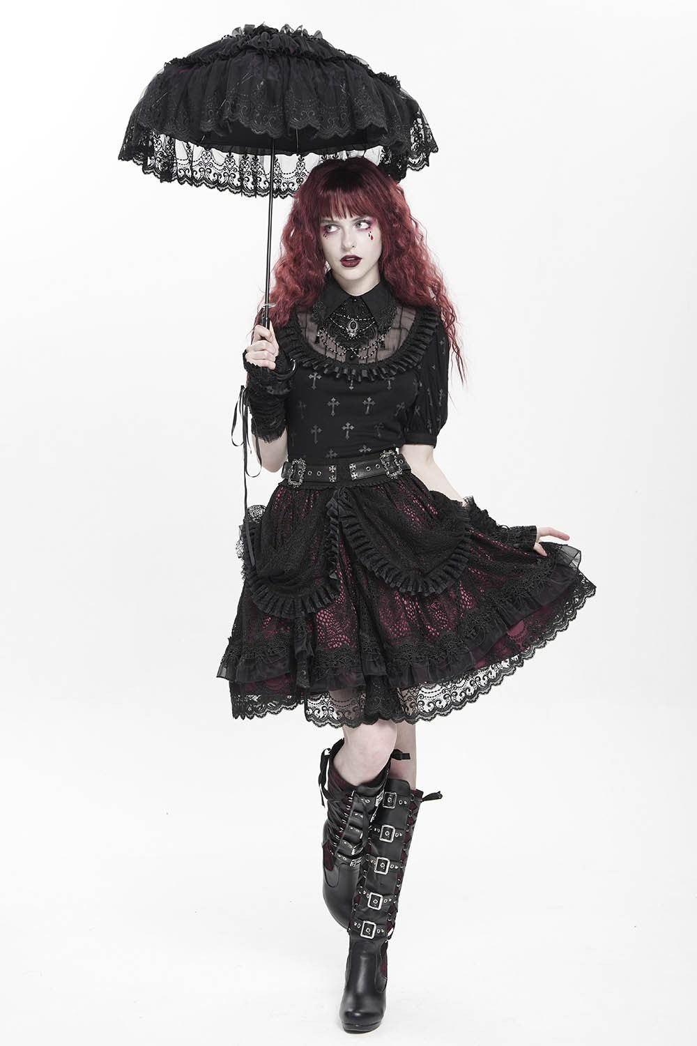 womens high-waisted layered red and black skirt