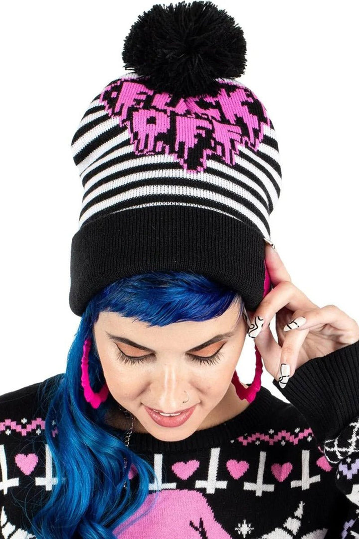 F Off Heart Striped Pom Pom Knit Beanie - hats & scarves & headwear - VampireFreaks - Too Fast