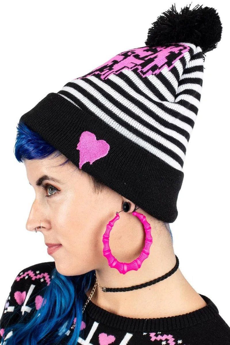 F Off Heart Striped Pom Pom Knit Beanie