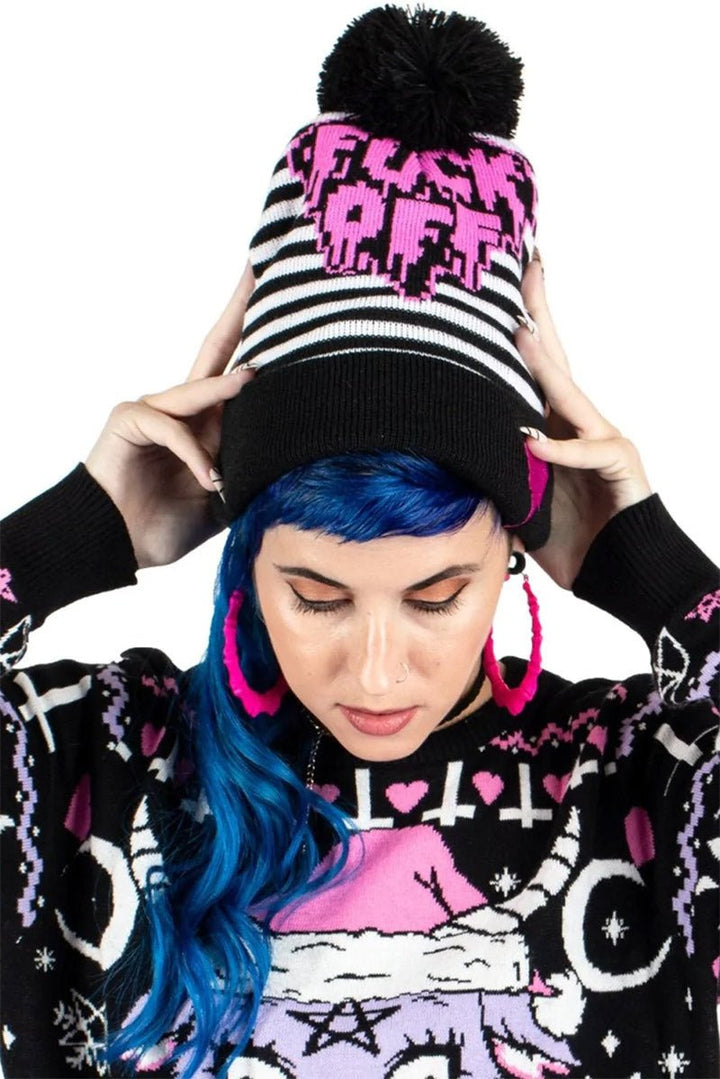 F Off Heart Striped Pom Pom Knit Beanie - hats & scarves & headwear - VampireFreaks - Too Fast