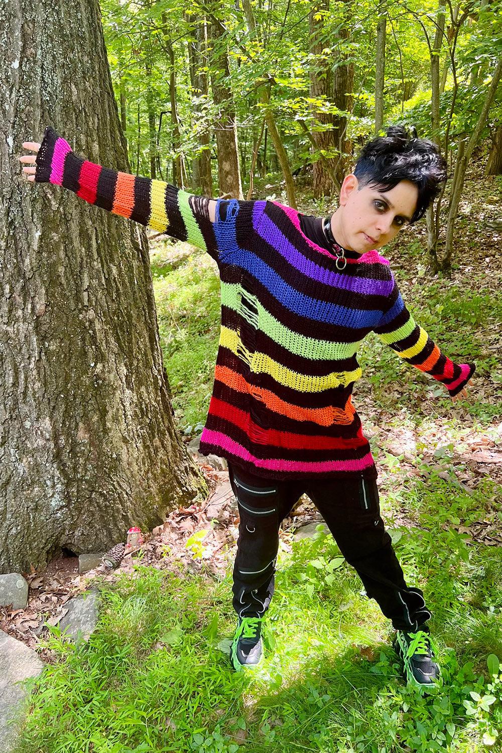 Catalyst Black Rainbow Striped Distressed Sweater - VampireFreaks