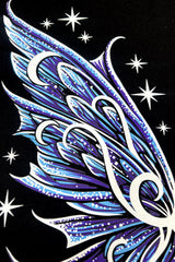 fairycore blue, purple, and white moth wings printed on the back of a sweatshirt