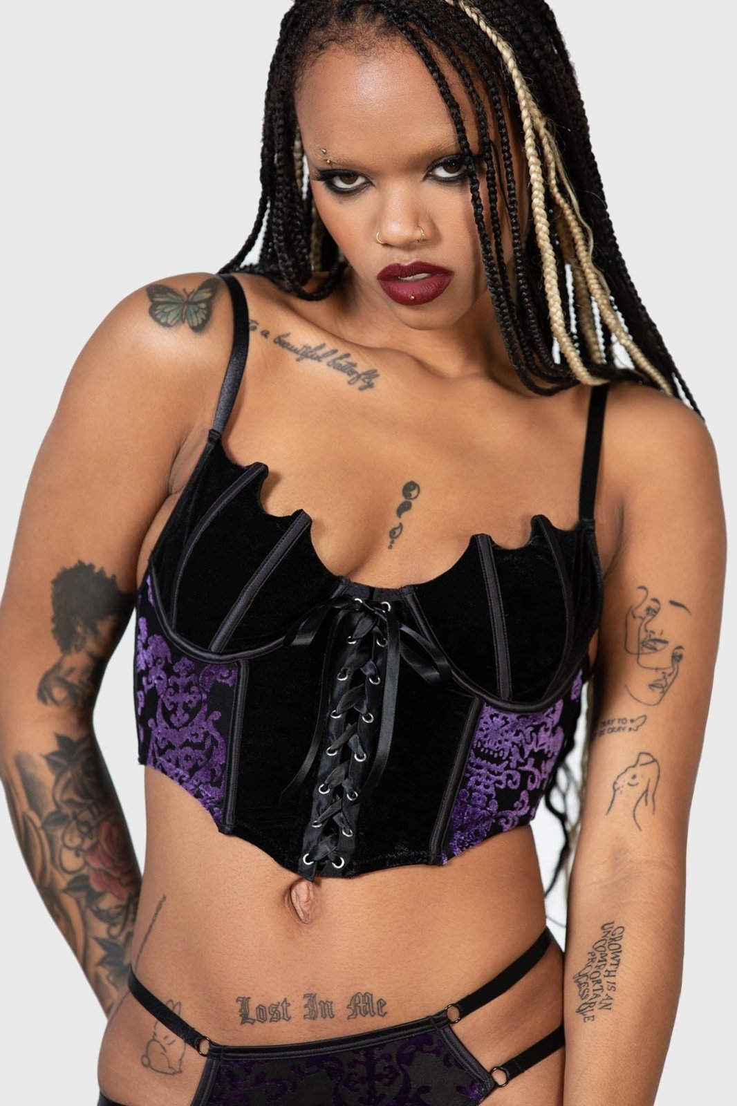 Fang Burnout Velvet Bustier [BLACK/PURPLE] - womens tops - VampireFreaks - Killstar