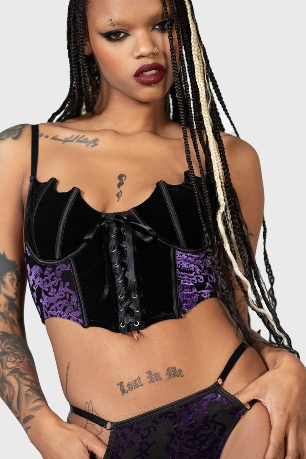 Fang Burnout Velvet Bustier [BLACK/PURPLE] - womens tops - VampireFreaks - Killstar