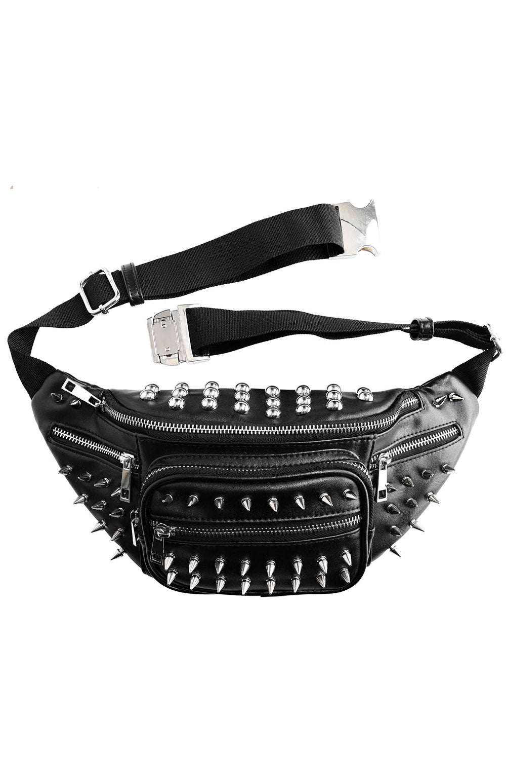 grunge goth black vegan leather studded fanny pack bag
