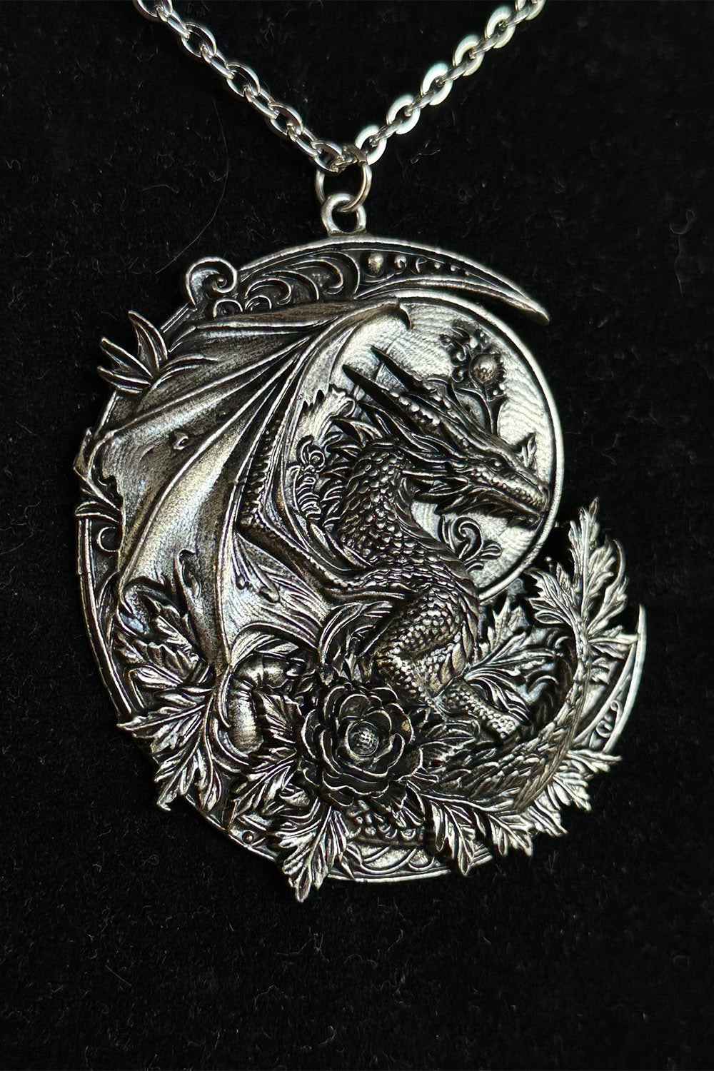 silver dark fairytale dragon  necklace 