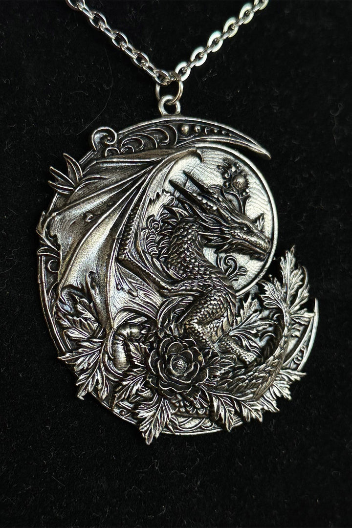 silver dark fairytale dragon  necklace 