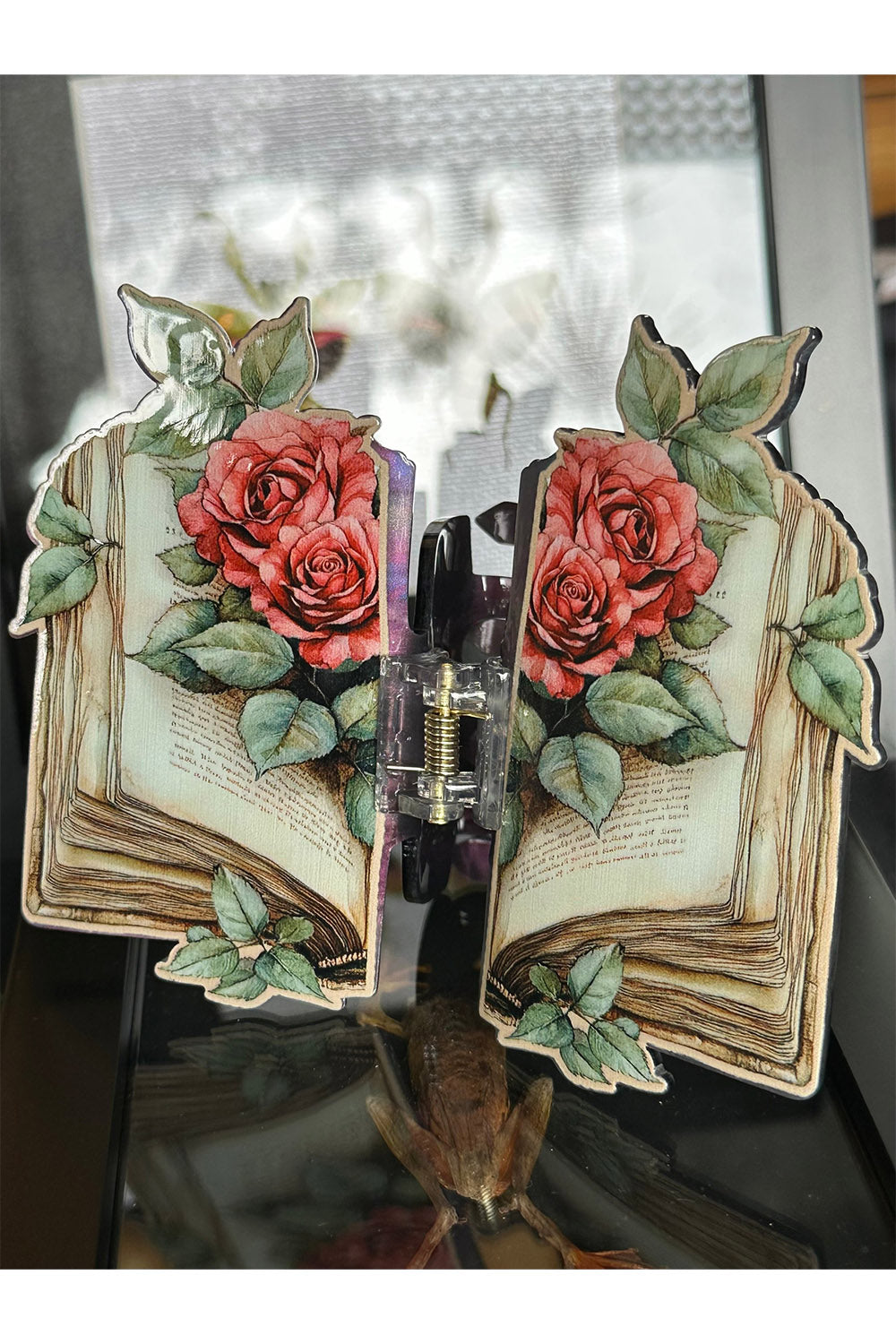 romantic book hair claw with roses and leaves printed on the book