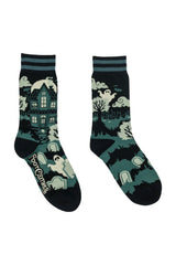 Emo ghost socks in black white green with tombstones ghosts full moon