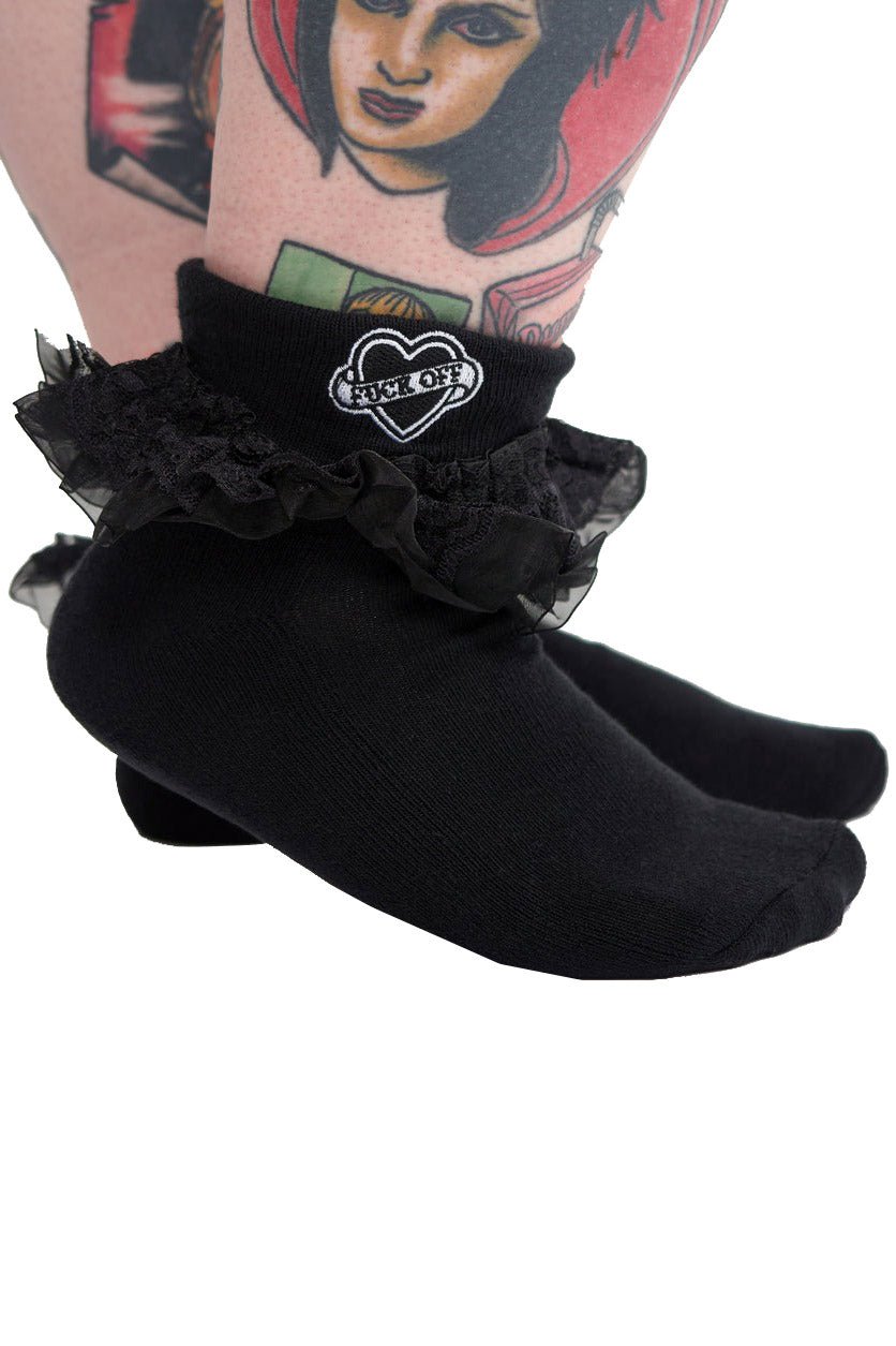 F*ck Off & Die Embroidered Ruffle Socks [BLACK] - socks & stockings - VampireFreaks - Sourpuss