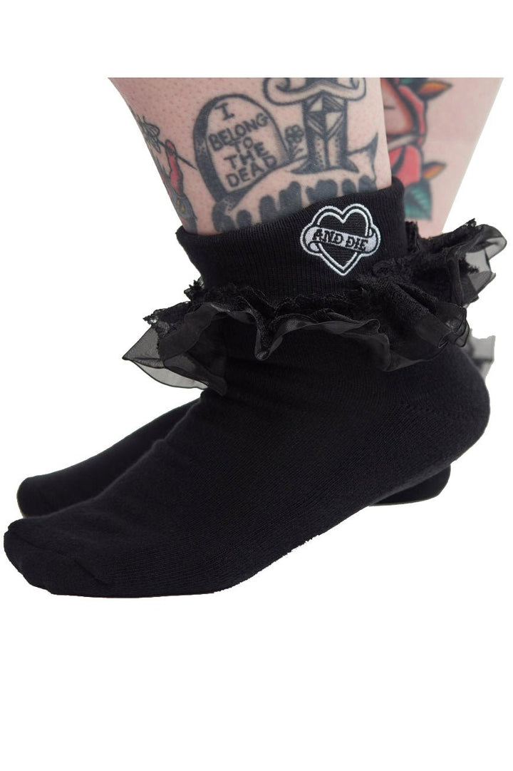 F*ck Off & Die Embroidered Ruffle Socks [BLACK] - socks & stockings - VampireFreaks - Sourpuss