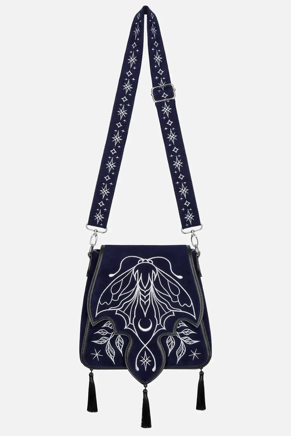 dark blue embroidered magical luna moth  bag