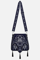 dark blue embroidered magical luna moth  bag