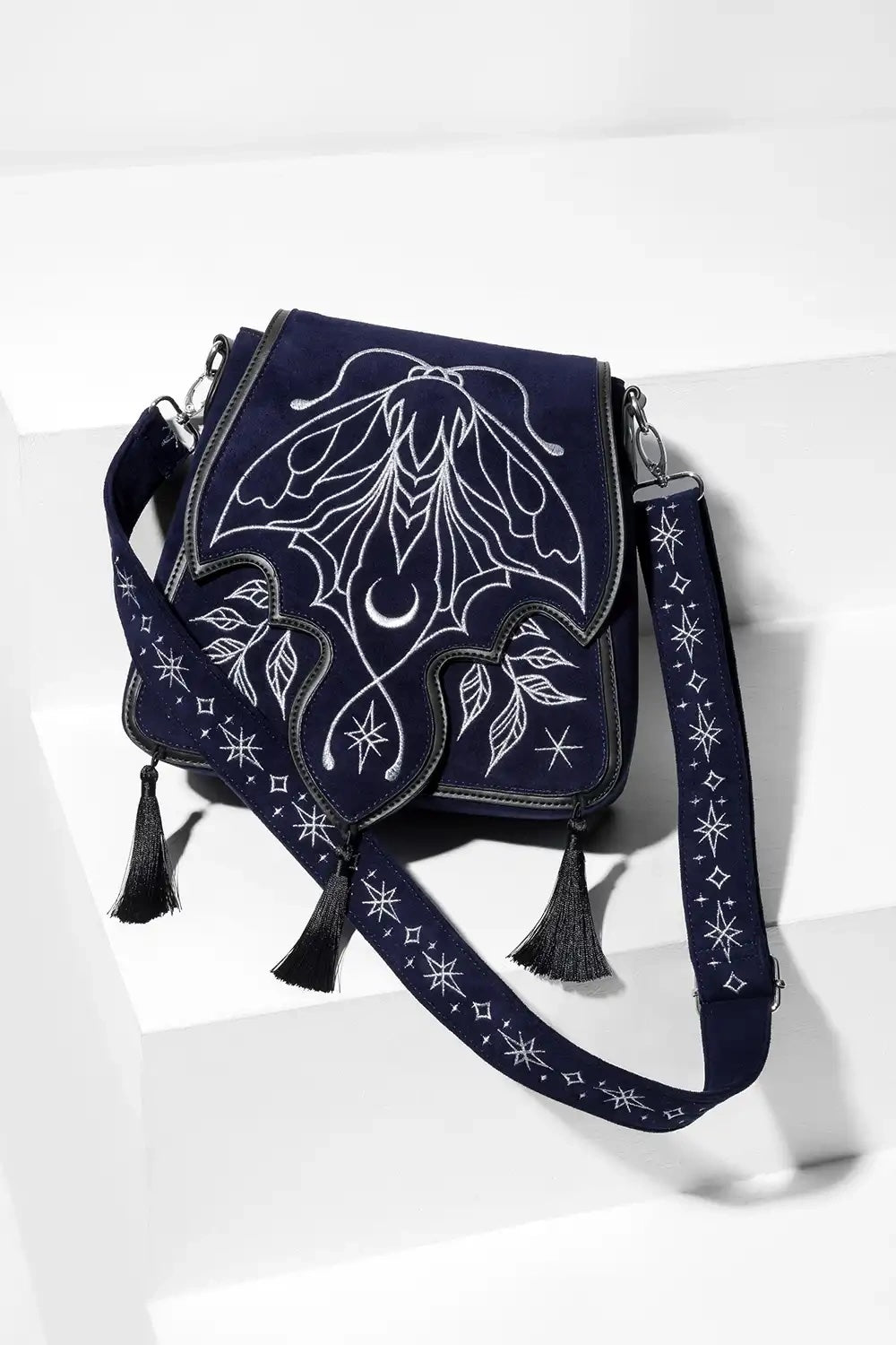 embroidered magical luna moth purse with embroidered star shoulder strap