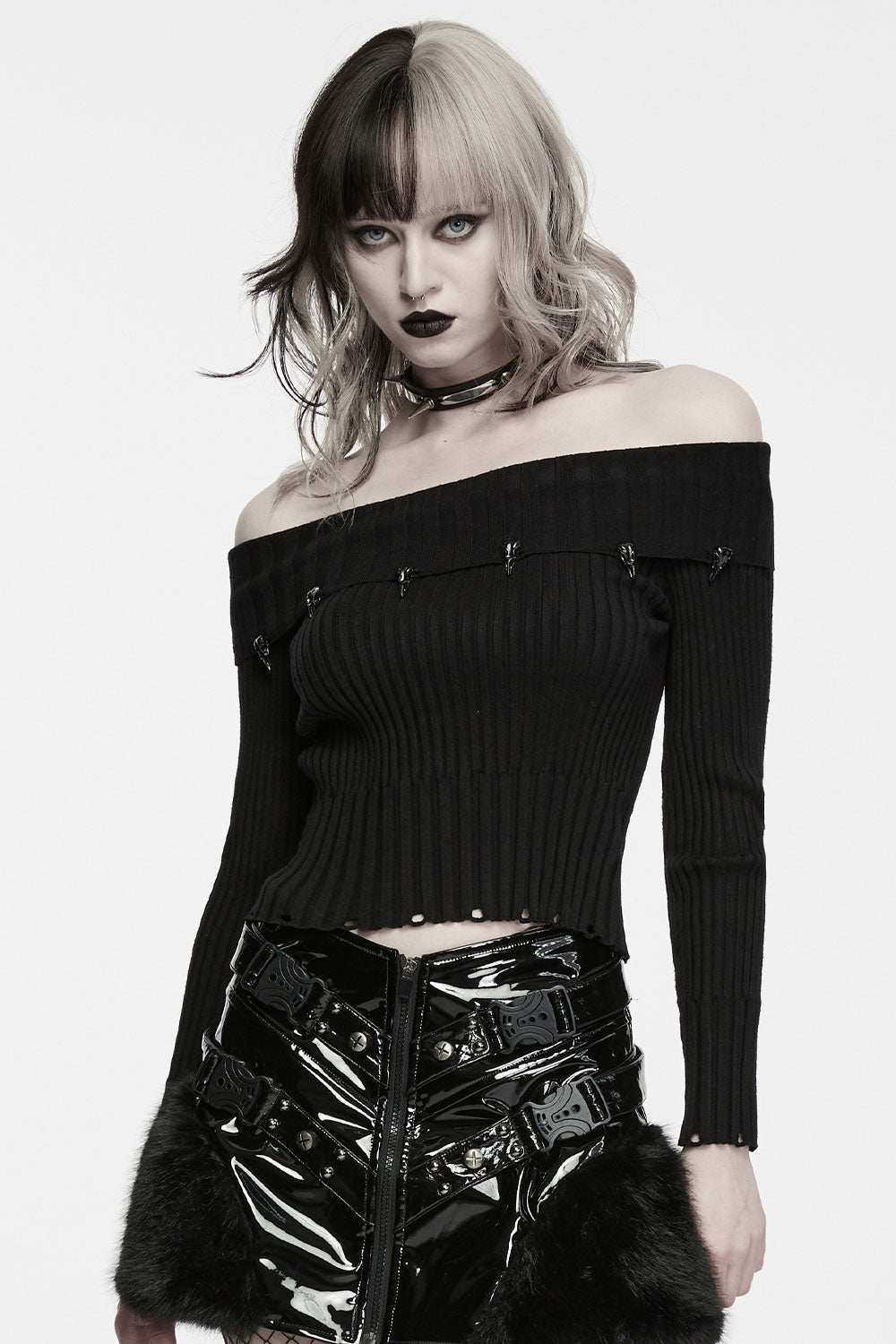off-shoulder goth grunge womens black ribbed sweater
