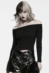 off-shoulder goth grunge womens black ribbed sweater