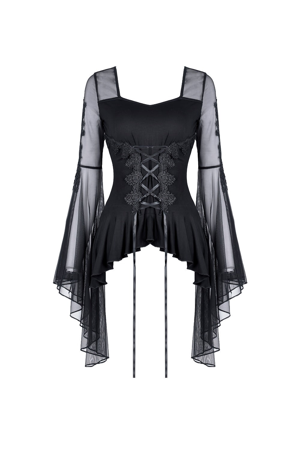 lace-up corset long sleeve mesh top
