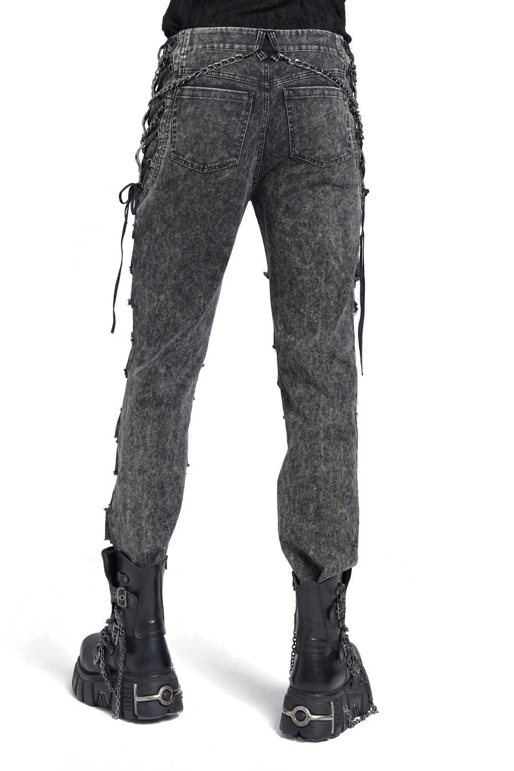 Gray distressed jeans with lace-up details on a white background