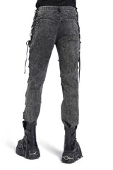Gray distressed jeans with lace-up details on a white background