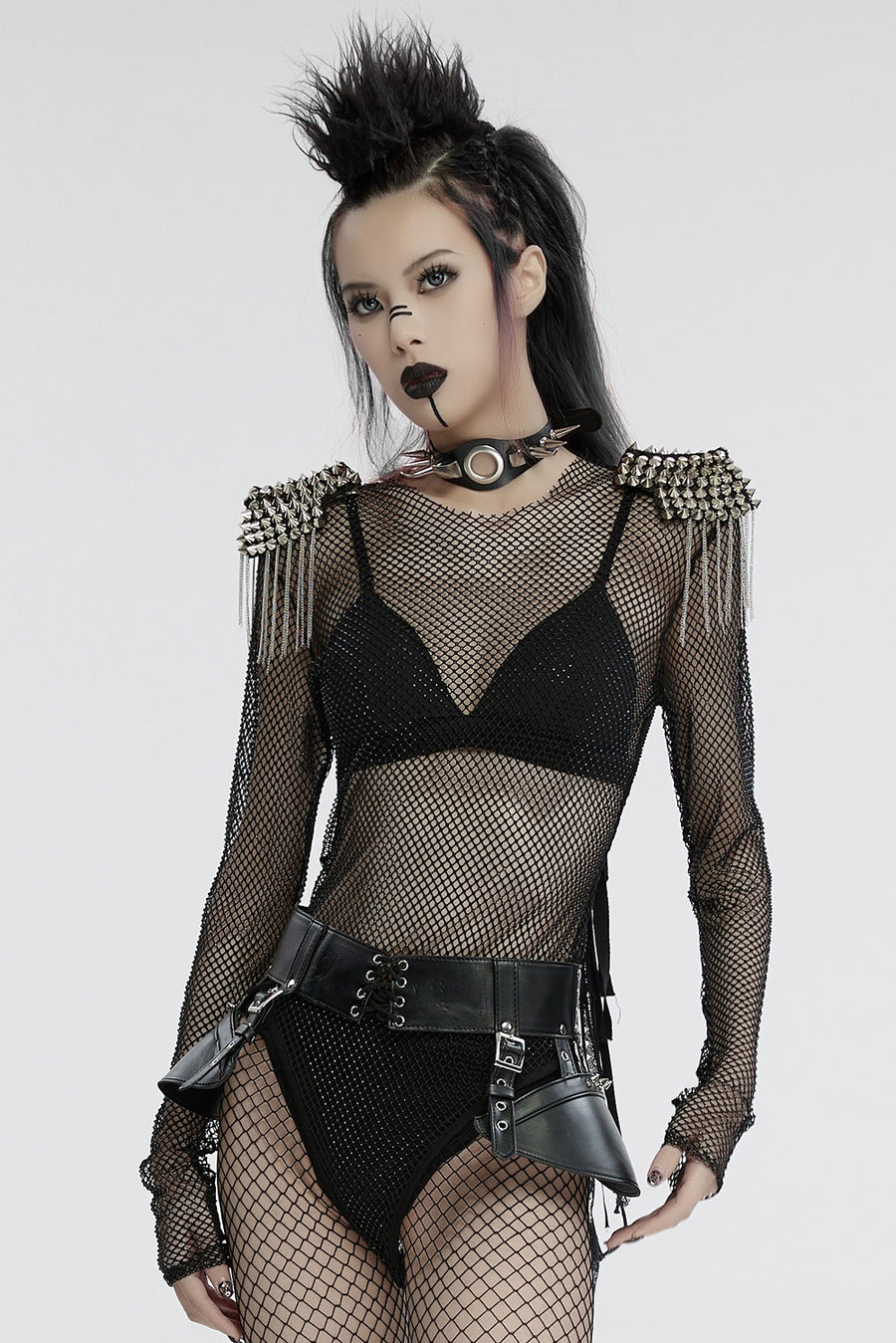 Spiked Shoulder Fishnet Bodysuit