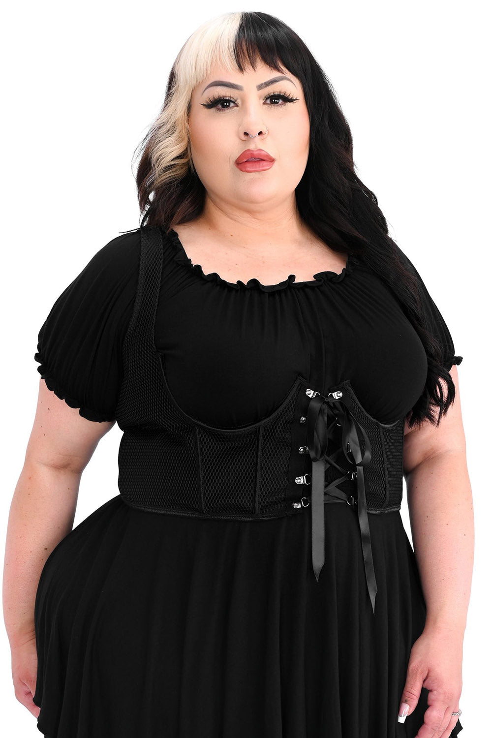 black fishnet gothic underbust corset for plus size women 