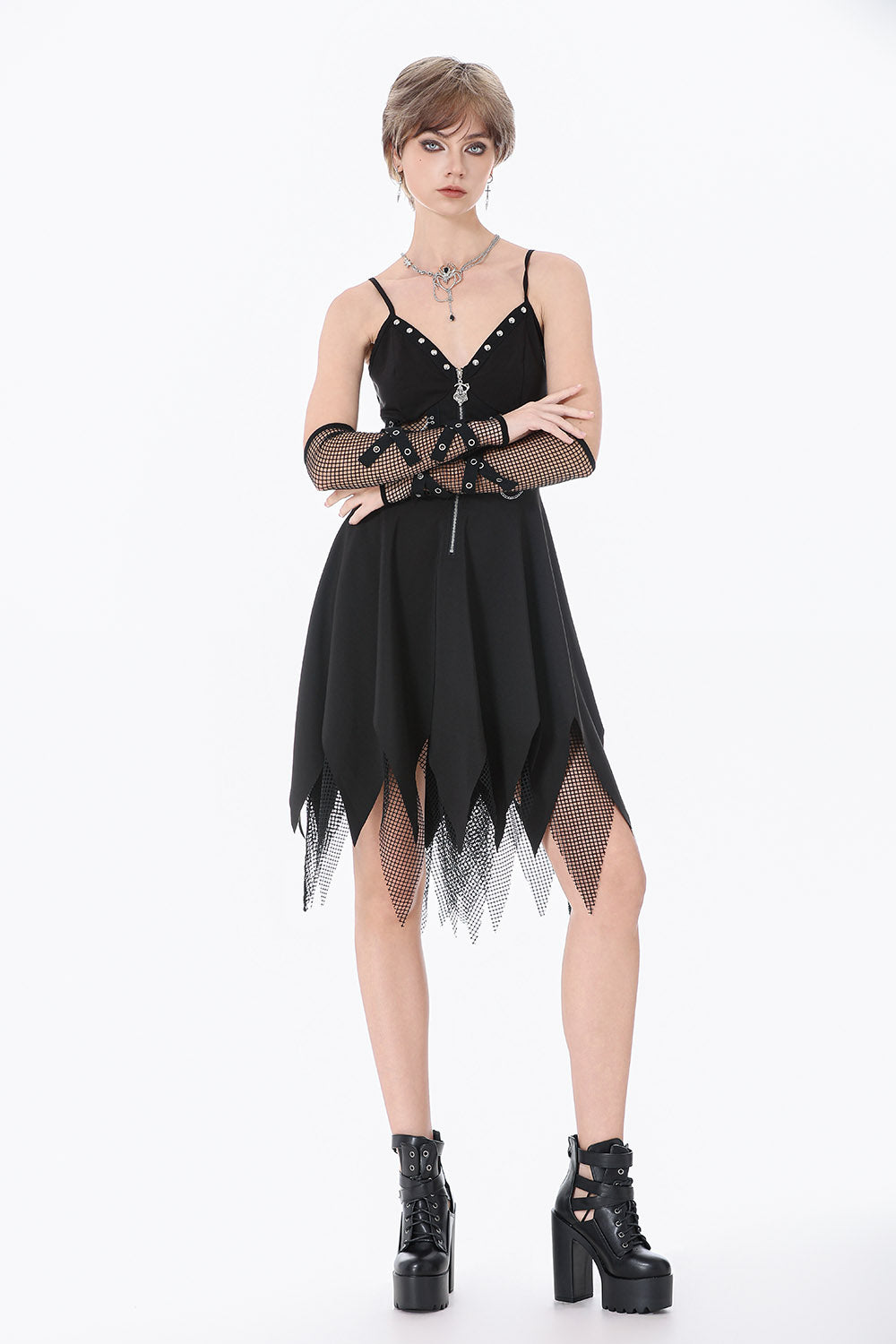 emo long black punk fishnet gloves