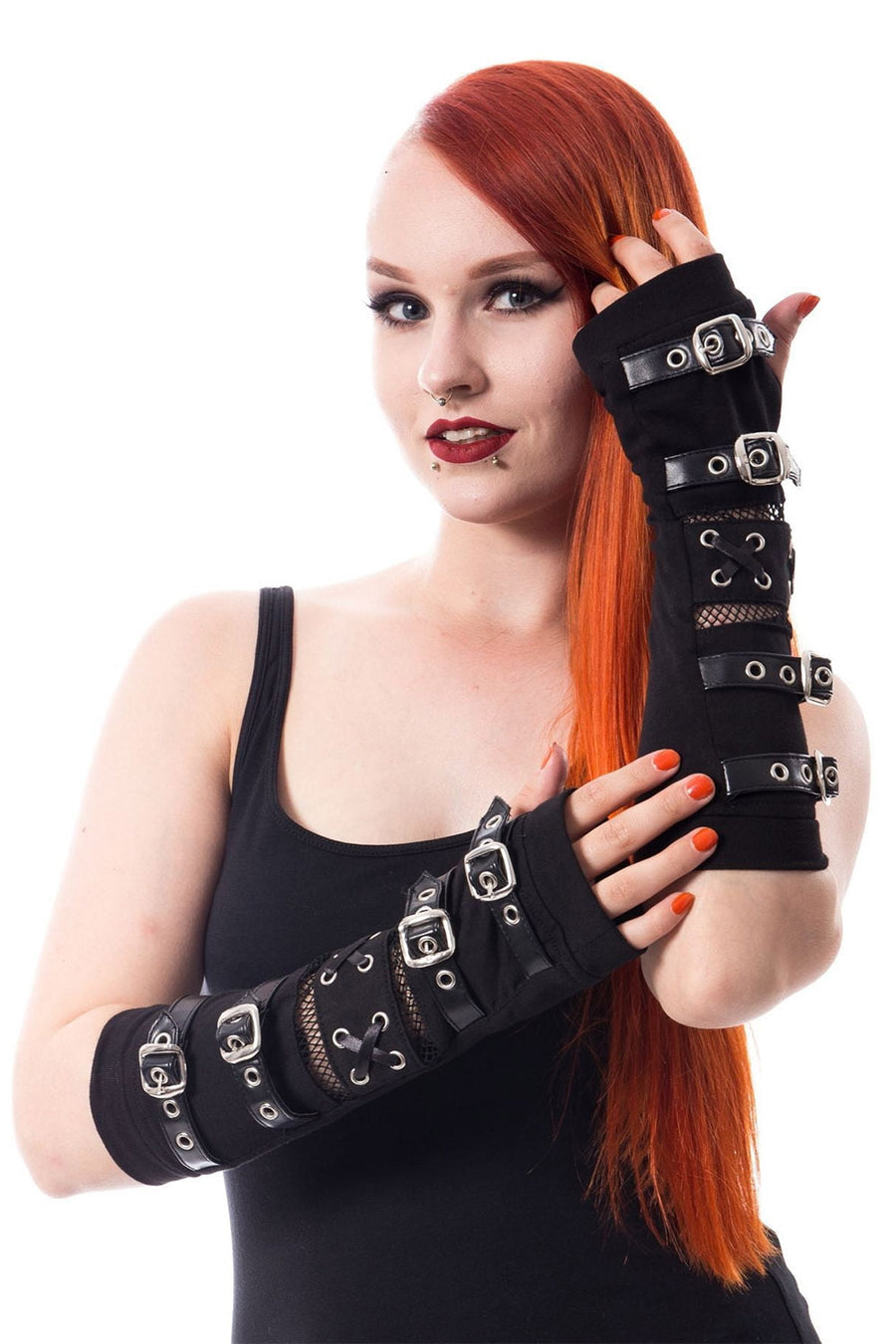 buckled fishnet punk gloves